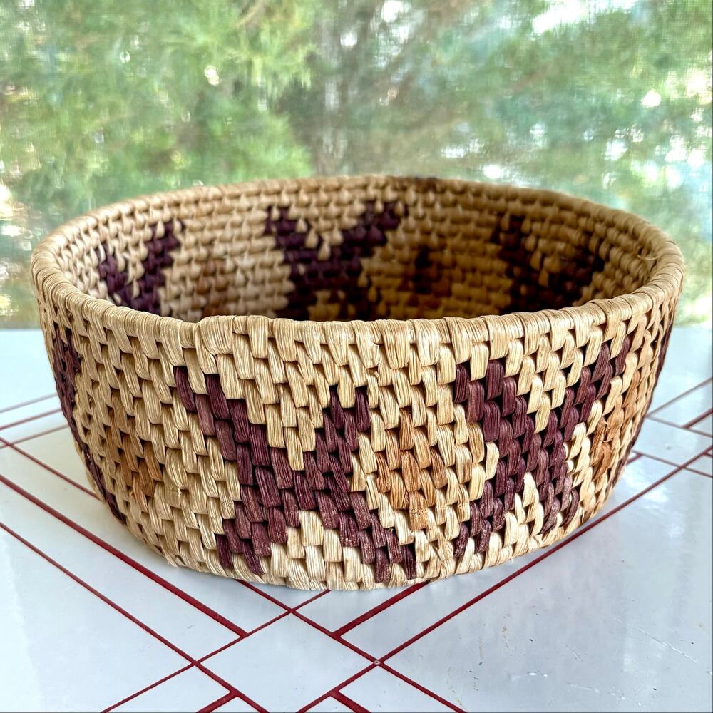 Vintage Woven Basket Bowl Natural Fiber Geometric Pattern 10 Inch